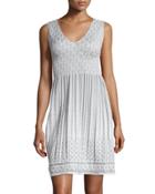 Smocked Jacquard Sleeveless Dress, Ivory/gray