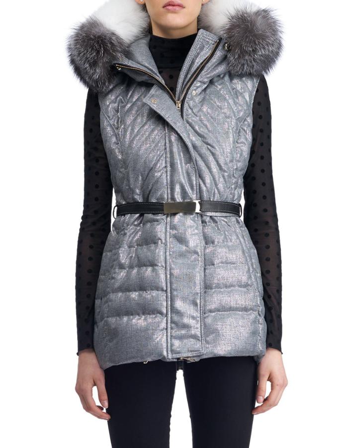 Apres-ski Down-fill Vest With Fox Fur Hood, Gray