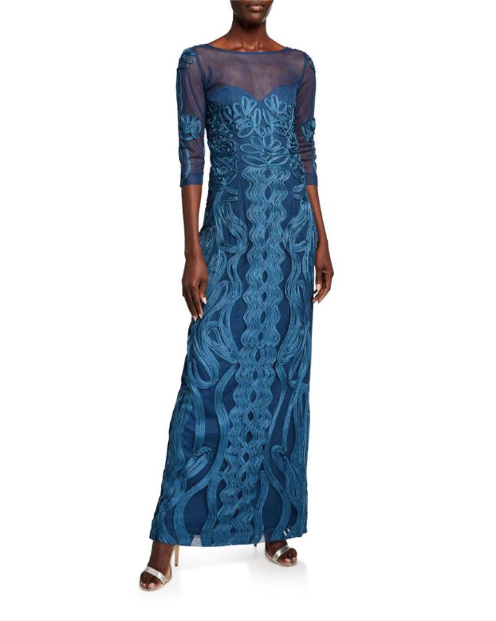 Soutache Mesh Column Gown With Illusion Yoke &