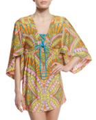 Capri Printed Lace-up Tunic Coverup, Orange