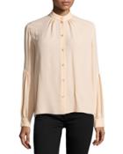 Button-front Dropped-shoulder Blouse, Nude
