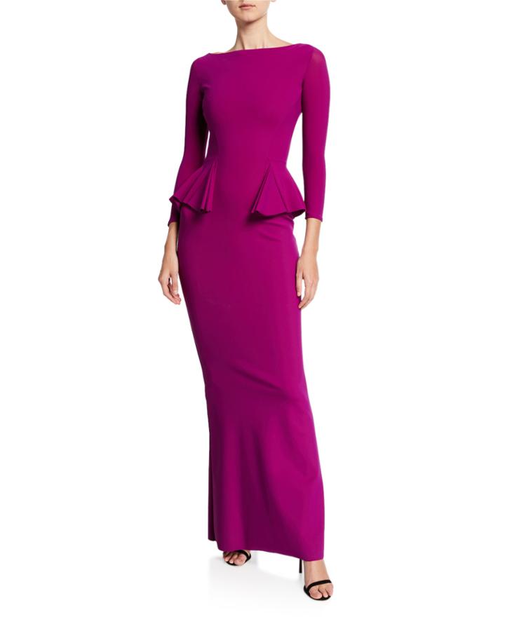 Bateau-neck 3/4-sleeve Peplum Column Gown