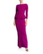 Bateau-neck 3/4-sleeve Peplum Column Gown