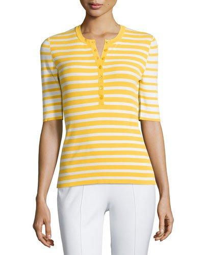 Short-sleeve Mixed-stripe Henley Top, Daffodil