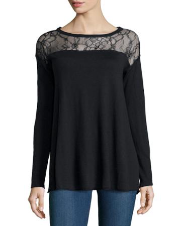 Catherine Catherine Malandrino Knit Sweater W/ Lace Neckline, Black - (small)