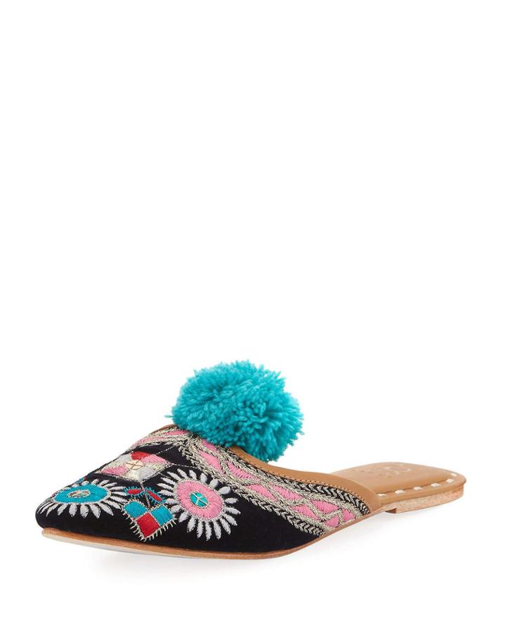 Embroidered Pompom Flat Mule Slide, Dark Blue