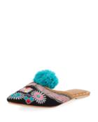 Embroidered Pompom Flat Mule Slide, Dark Blue