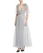V-neck Bow-shoulder Pleated Dot Tulle Gown
