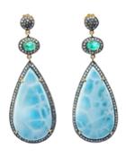 Larimar Teardrop & Emerald Earrings W/ Diamonds