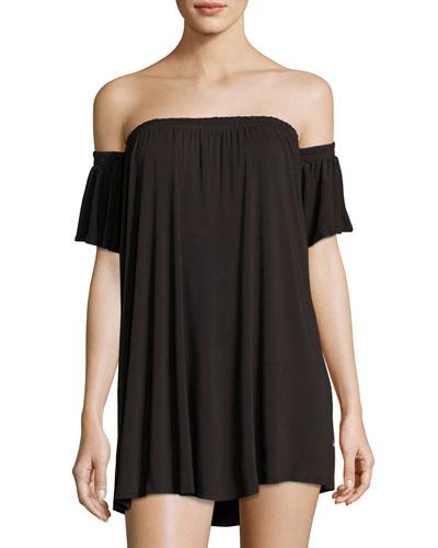 Off-the-shoulder Jersey Minidress, Black