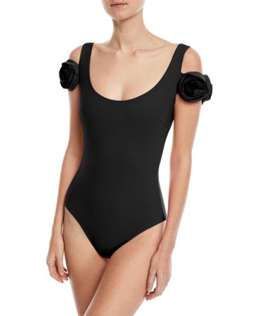 Jemme Scoop-neck Rose-applique Solid One-piece