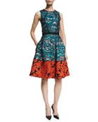 Mixed-media Fit-&-flare Dress, Teal