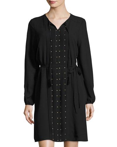 Long-sleeve Embellished Chiffon Dress, Onyx