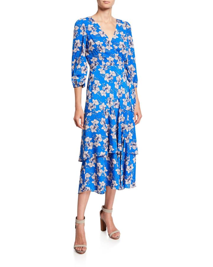 Floral Faux Wrap Asymmetric Ruffle
