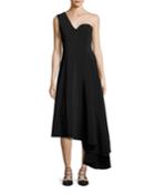 One-shoulder A-line Dress With Asymmetric Hem, Black