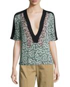 Lilias Short-sleeve Abstract Silk Top, Green