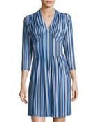 3/4-sleeve Inverted-pleat Dress, Blue Pattern