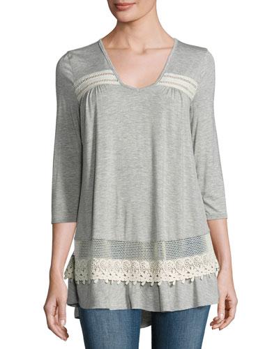 Lace-inset Jersey Tee, Gray
