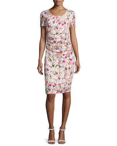 Short-sleeve Floral-print Ruched Jersey Dress