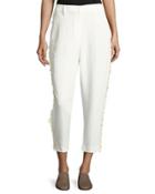 Loose Sequin-trim Tuxedo Cropped Pants, Off White
