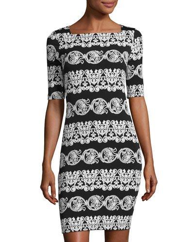 Scroll-print Half-sleeve Sheath Dress, Black/white