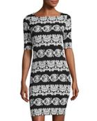 Scroll-print Half-sleeve Sheath Dress, Black/white