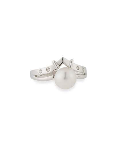 14k Pointed Pearl Ring W/ Flush-set Diamonds, 0.04tcw,