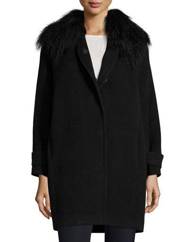 Fur-trim Wool Coat, Black