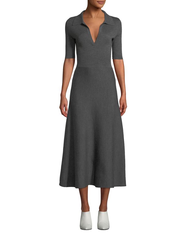 Elbow-sleeve V-neck A-line Mid-calf Wool-cashmere Dress