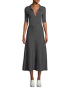 Elbow-sleeve V-neck A-line Mid-calf Wool-cashmere Dress
