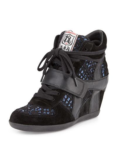 Bowie Sequined Hidden-wedge Sneaker, Black/blue