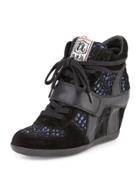 Bowie Sequined Hidden-wedge Sneaker, Black/blue