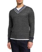 Men's Ribbed Cable Knit Contrast Stripe V-neck