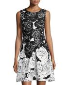 Sleeveless Floral-print Fit & Flore Dress, Black/white