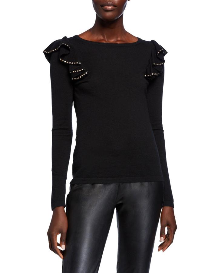 Crewneck Long-sleeve Embellished Ruffle-shoulder Cashmere