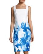 Square-neck Floral-print Sheath Dress, Blue/white