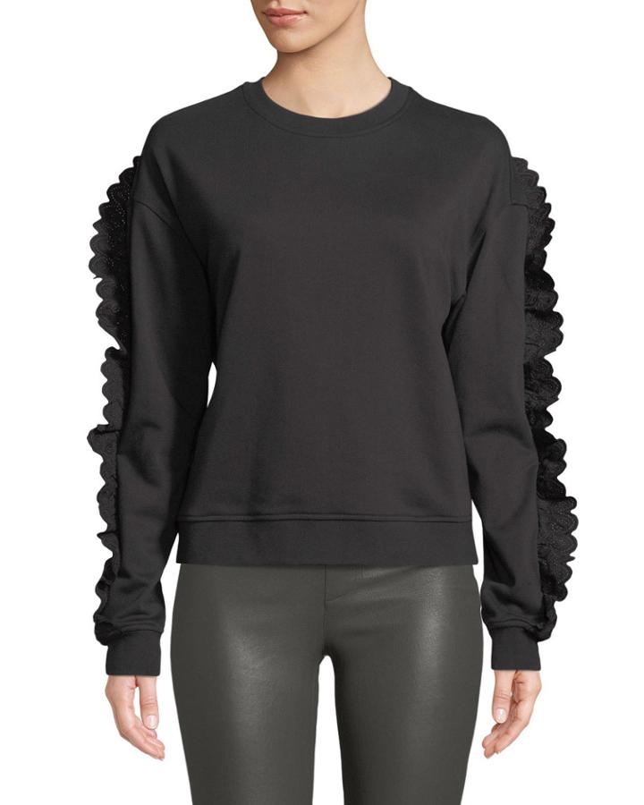 Ruffle-sleeve Crewneck Cotton