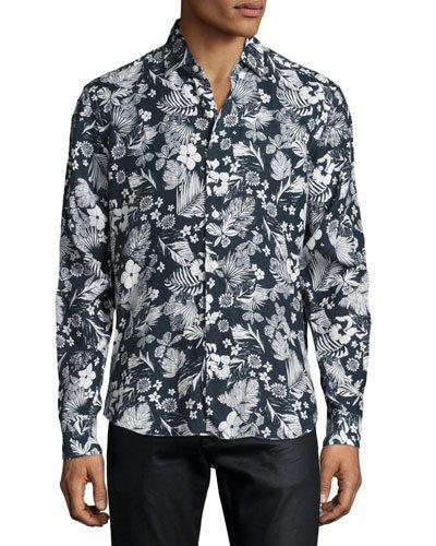 Floral-print Linen Sport Shirt, Navy/white