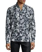 Floral-print Linen Sport Shirt, Navy/white