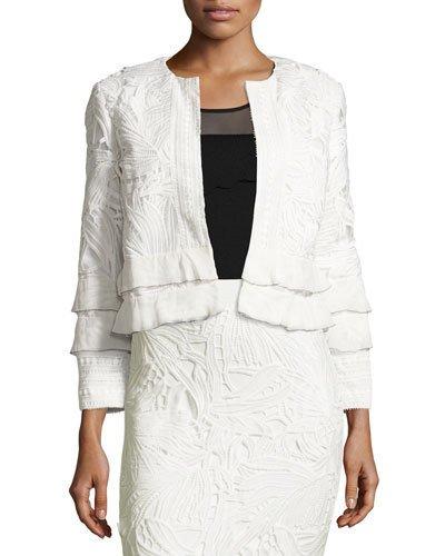 Boxy Tiered Lace Open-front Jacket, Ivory
