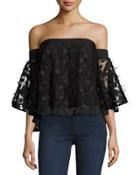 Semisheer Embroidered Off-the-shoulder Top, Black
