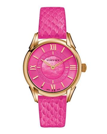 Dafne Round Watch W/ Leather Strap, Golden/pink