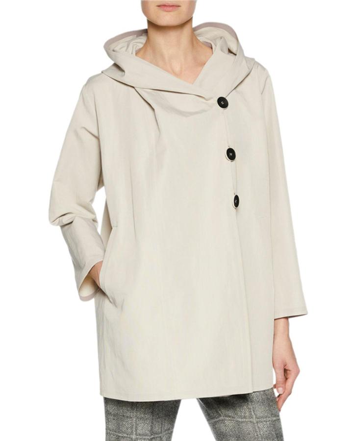 3-button Hooded Rain-repellant Caban Jacket