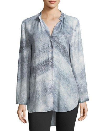 Long-sleeve Printbutton-front High-low Blouse