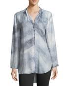 Long-sleeve Printbutton-front High-low Blouse