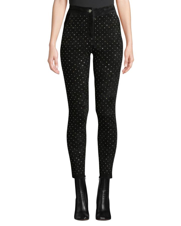 High-waist Studded Suede Skinny-leg Jeans