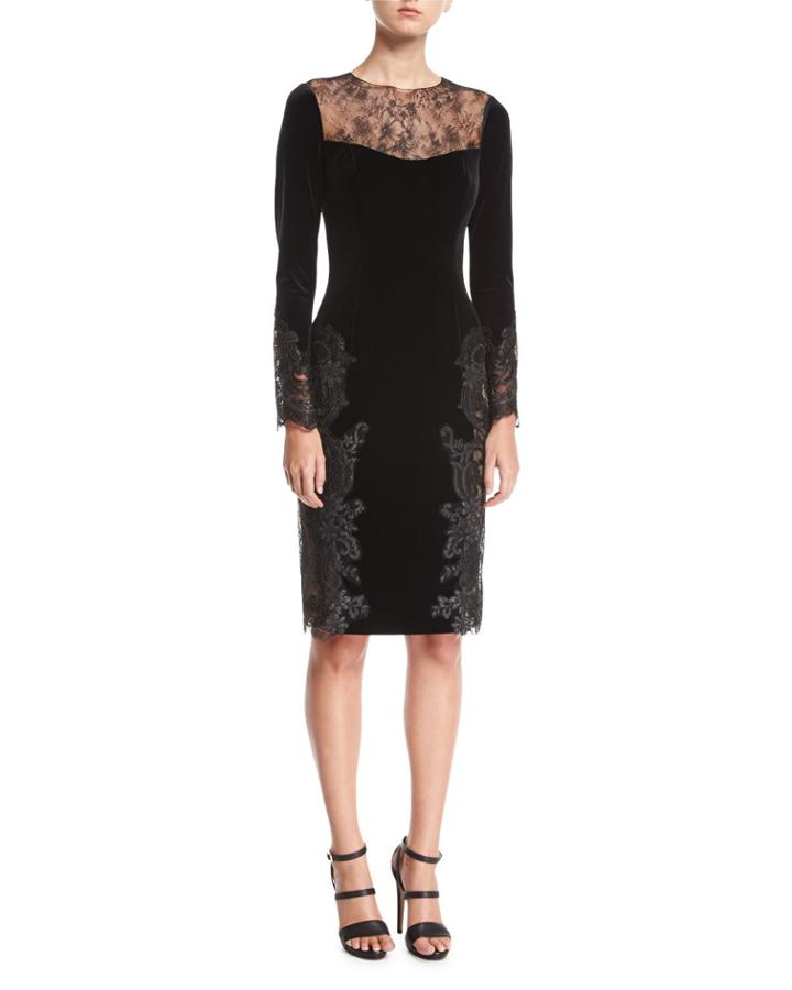 Long-sleeve Lace Velvet Sheath Cocktail Dress