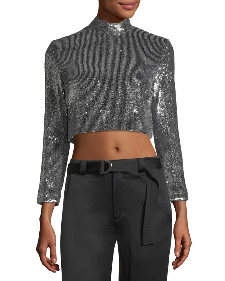Keegan Mock-neck Long-sleeve Sequined Crop Top