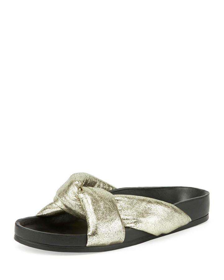 Leather Crisscross Slide Sandal, Gray Glitter