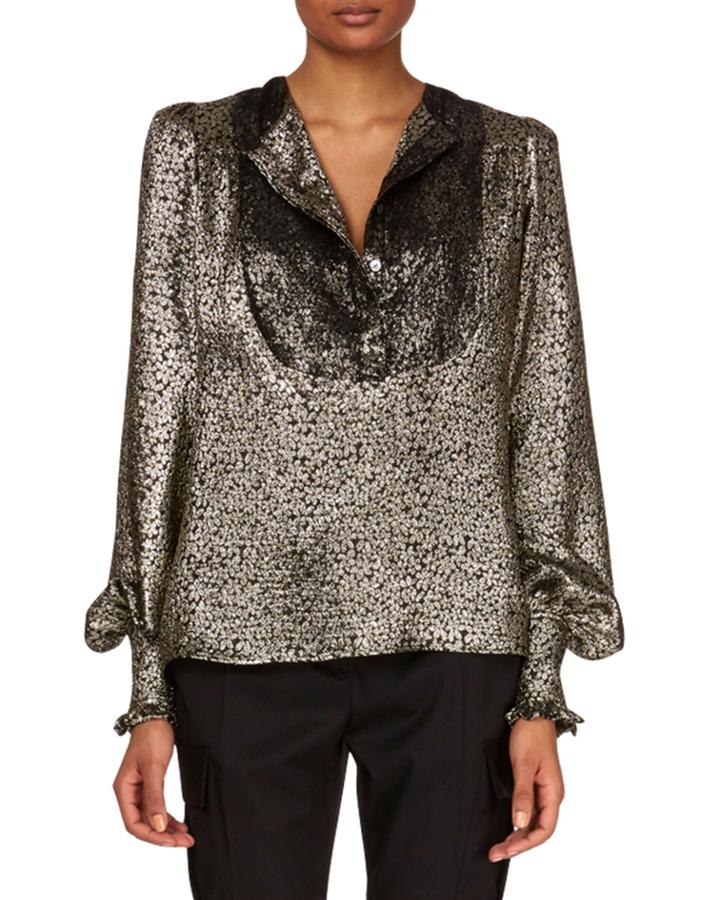 Blouson-sleeve Metallic-silk Blouse W/